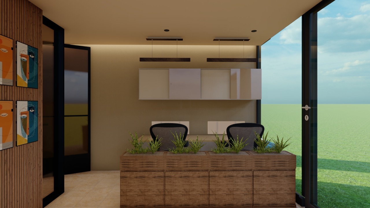 Rendered workstation with planter divider
