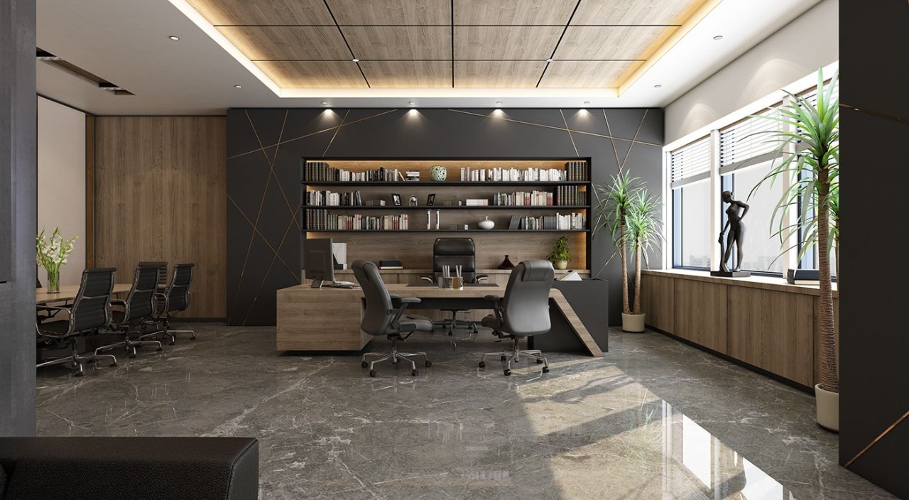 Office room with bookcase wall and meeting area rendering