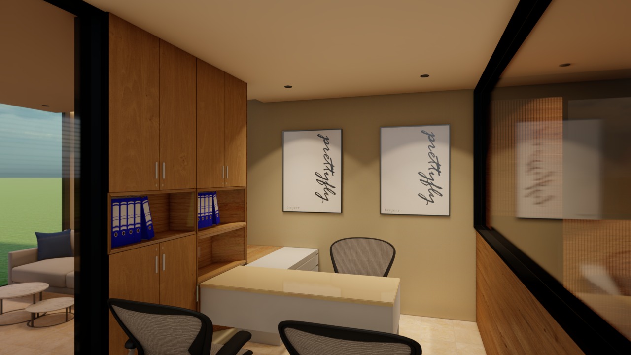 Rendered compact office storage and desk design